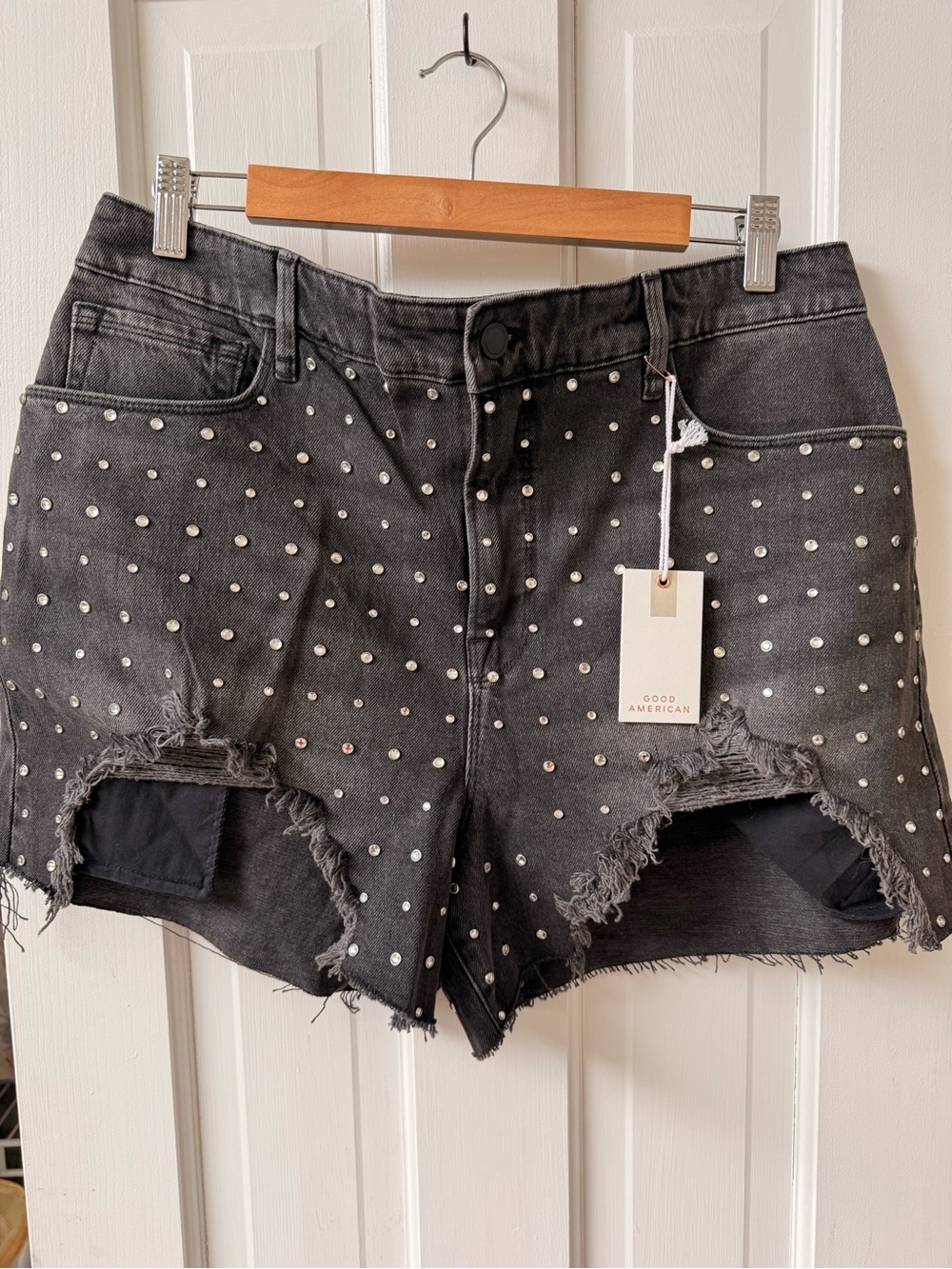 Good American Black Studded High-Waist Distressed Jean Shorts